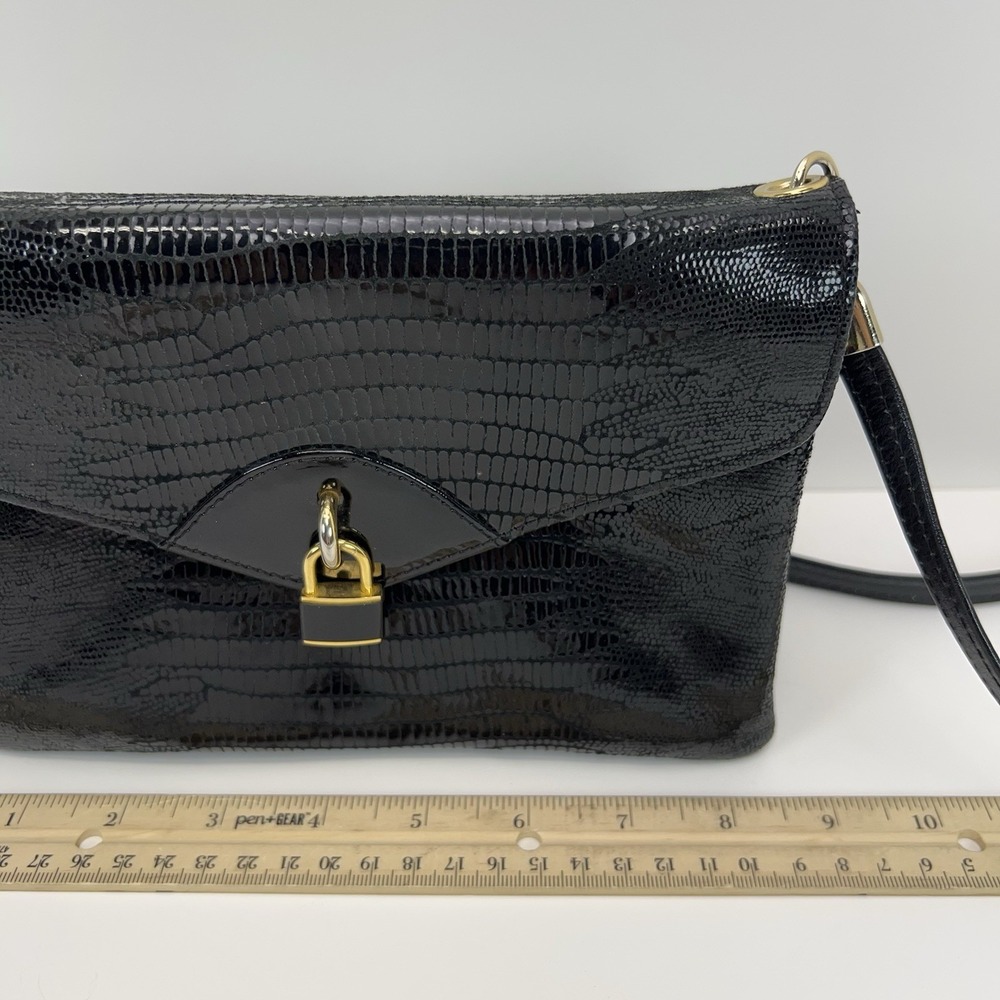 Vtg DUE FRATELLI Leather Purse Black Croc Embossed Crossbody Clutch Bag Classic - Picture 9 of 15